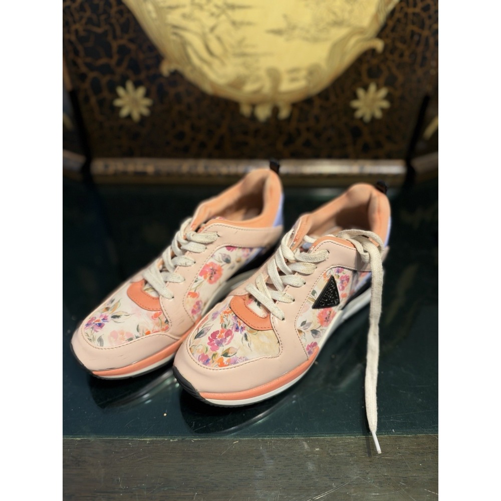 GUESS Women's Floral Lace Up Sneakers Pink Peach Multicolor Casual Shoes